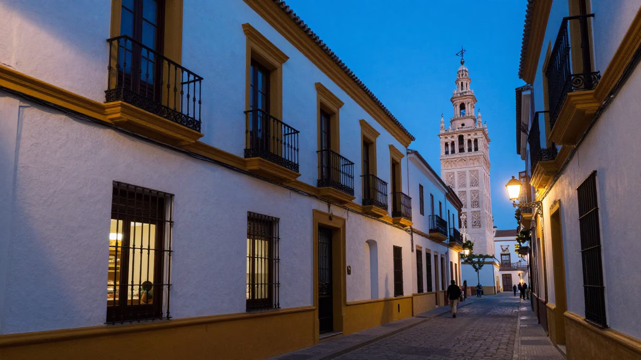 Seville Evening Street Scene with Local Diner and Traditional Decor in Twilight in in Seville, Spain