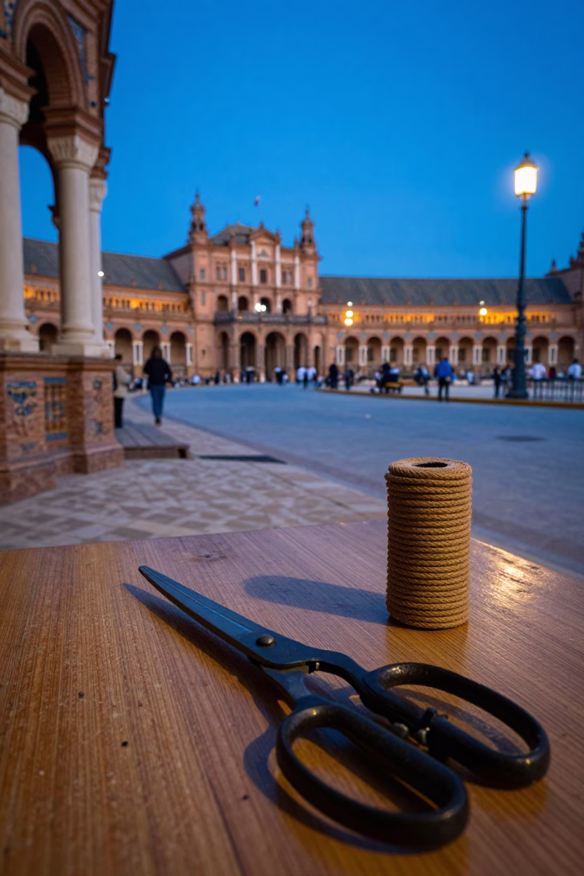 Seville Evening Street Scene with Tailor Shears and Coiled Rope at Dusk in in Seville, Spain
