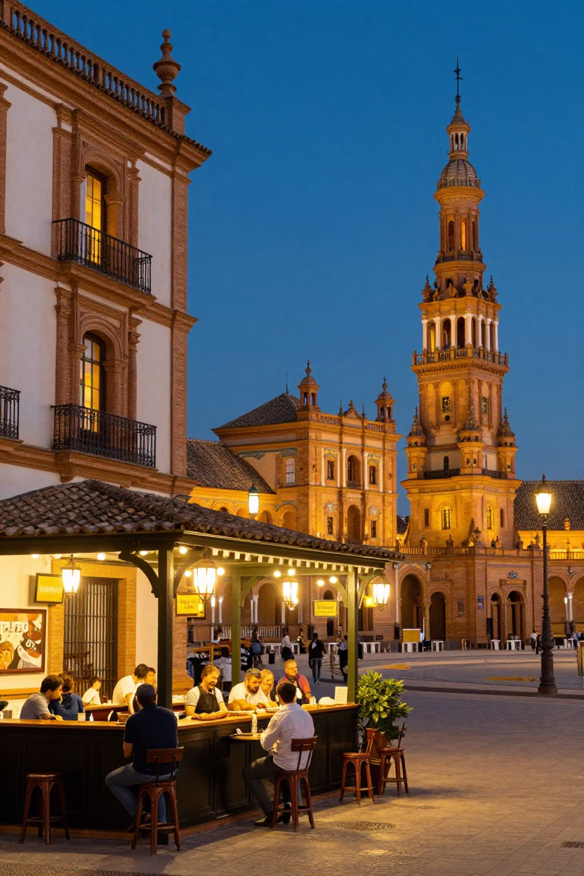 Seville Evening Street Scene with Traditional Tapas Bar and City Lights in in Seville, Spain