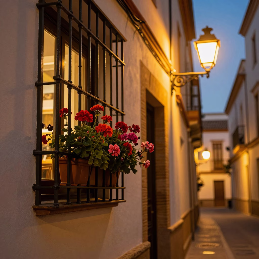Seville evening street scene with window box and glass bottles under city lights in in Seville, Spain