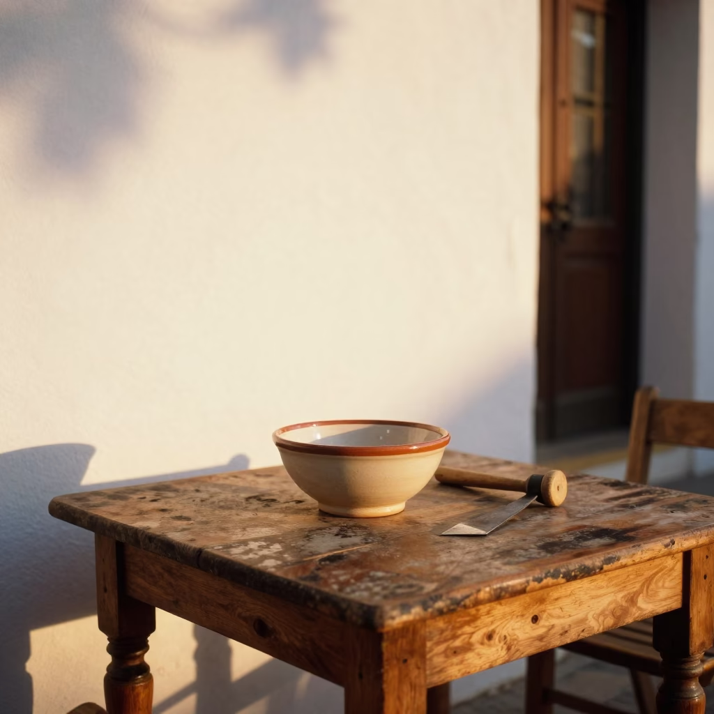 Seville Golden Hour Street Scene with Ceramic Bowl and Awl on Wooden Table in in Seville, Spain