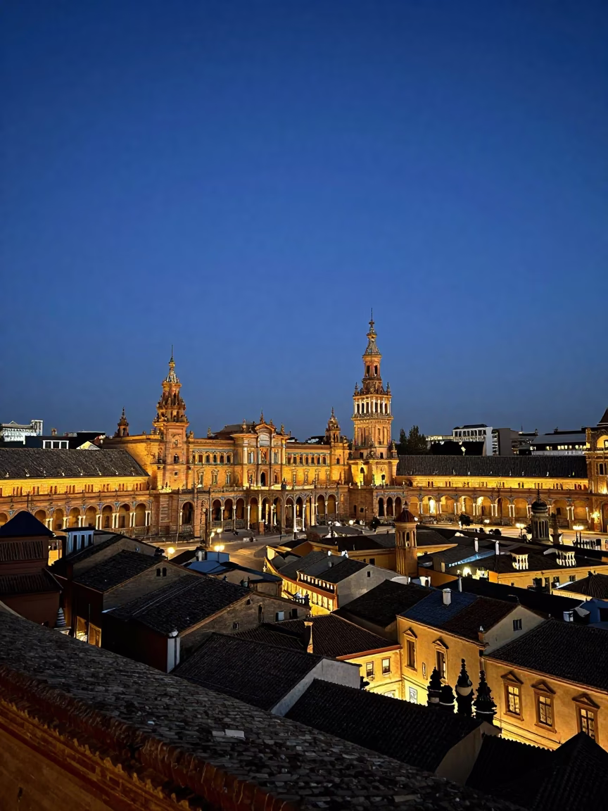 Seville Horizon Shot at As City Lights Begin To Glow in in Seville, Spain