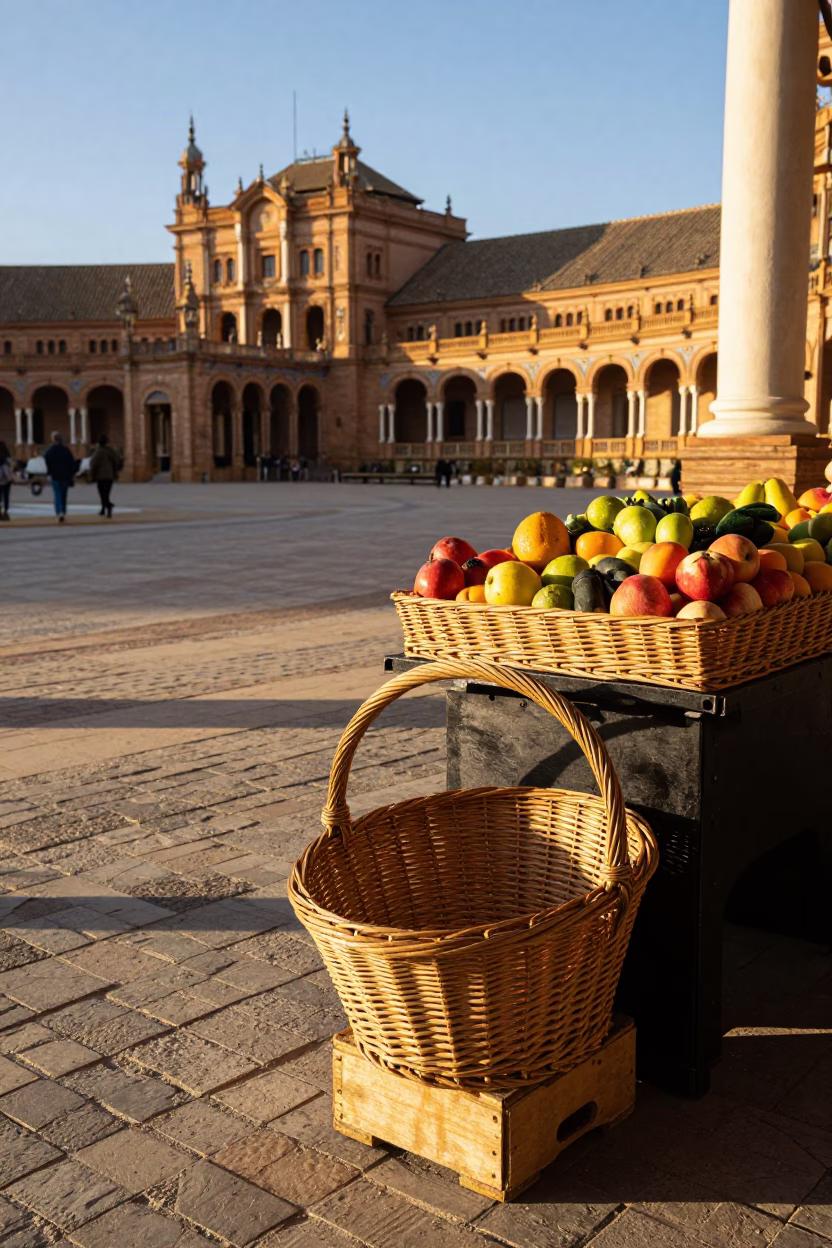 Seville Late Afternoon Street Scene with Wicker Hamper and Eggplants in in Seville, Spain