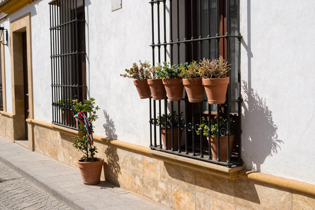 Seville midday street scene with terracotta pots and scarf on balcony in in Seville, Spain