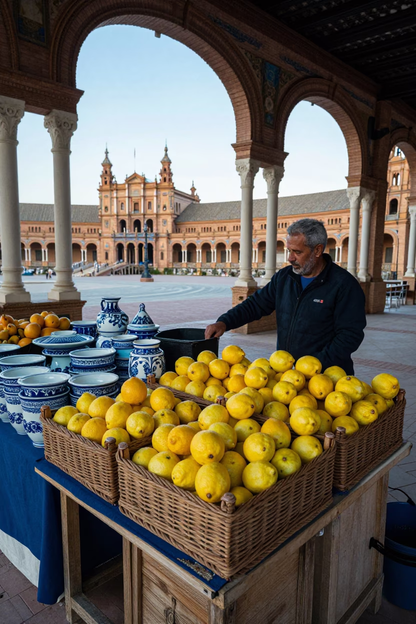 Seville Morning Market Stall with Wicker Crates and Ceramic Bowls in in Seville, Spain