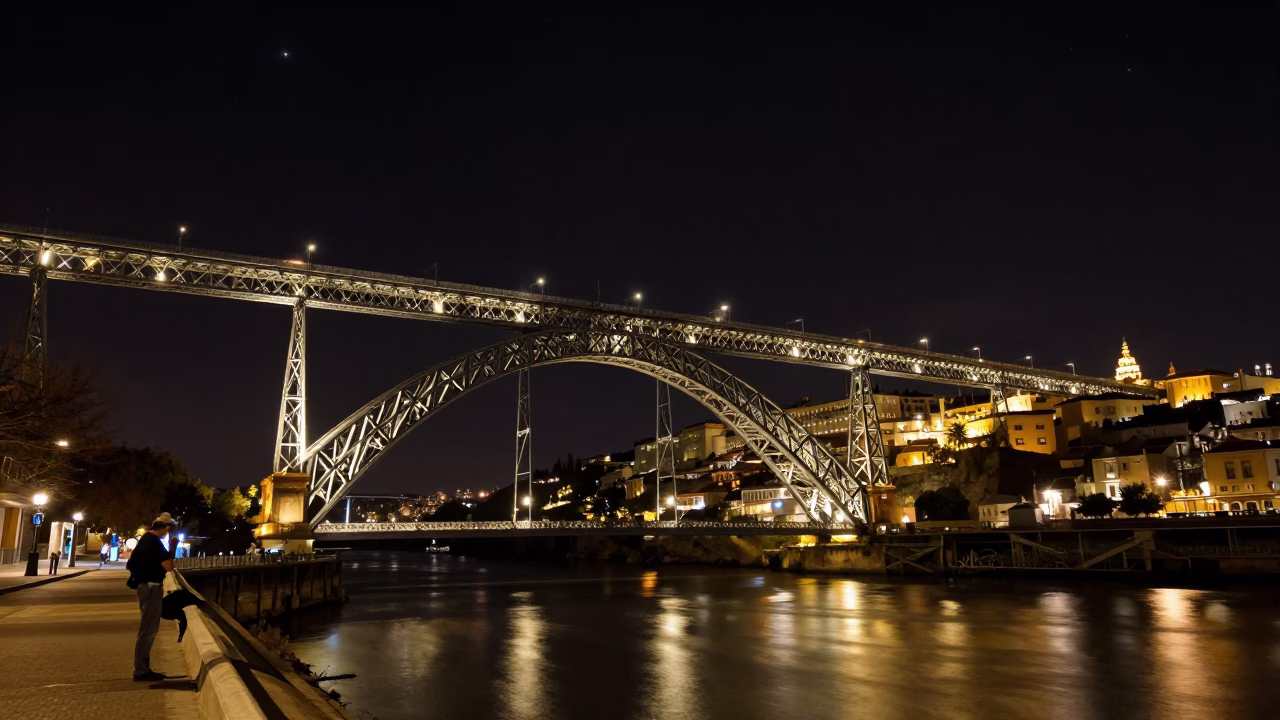 Seville Night Sky and Iron Bridge with Astronomer and Pocket Watch in in Seville, Spain
