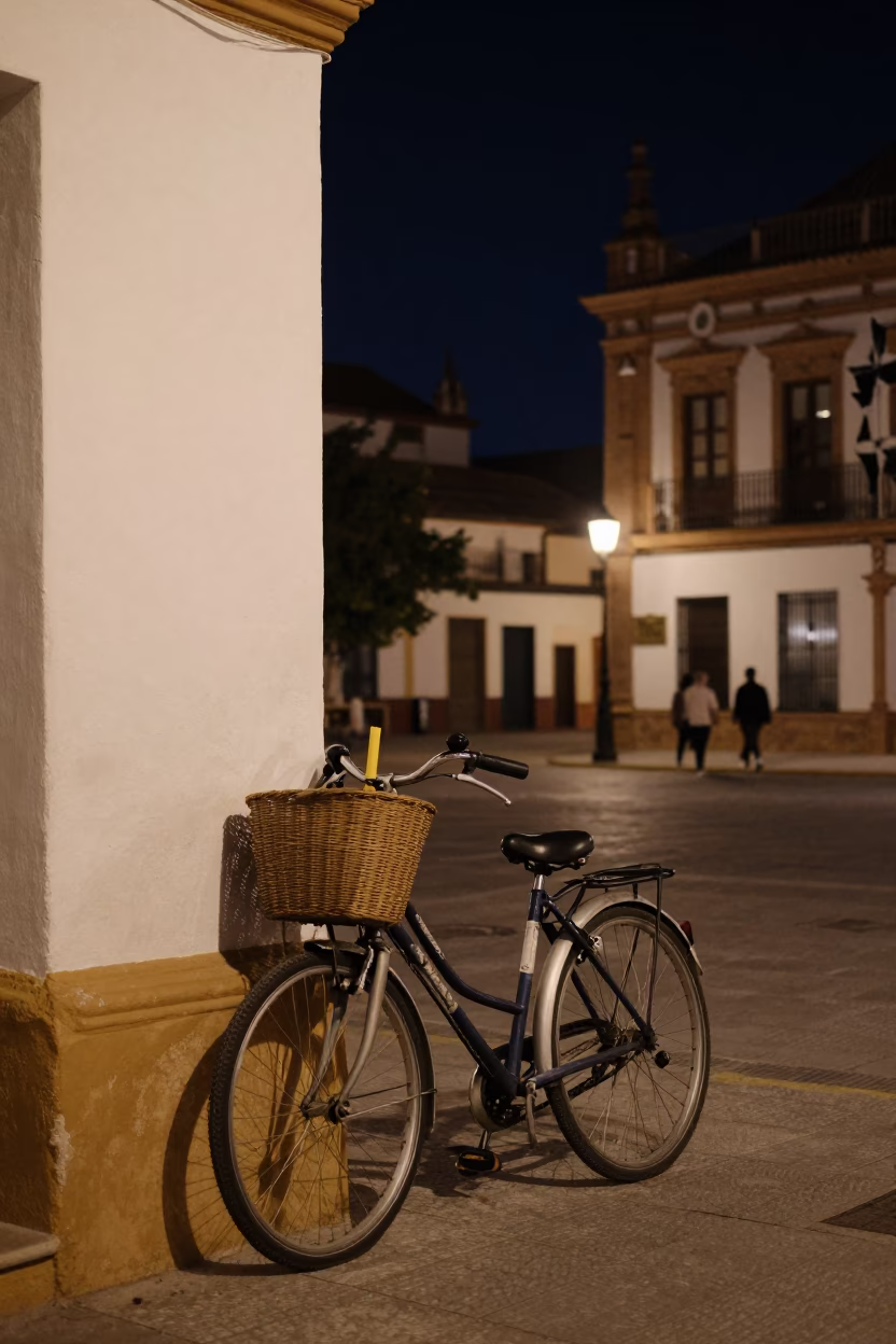 Seville Night Street Scene with Bicycle Basket and Candlestick Under Deep Sky in in Seville, Spain