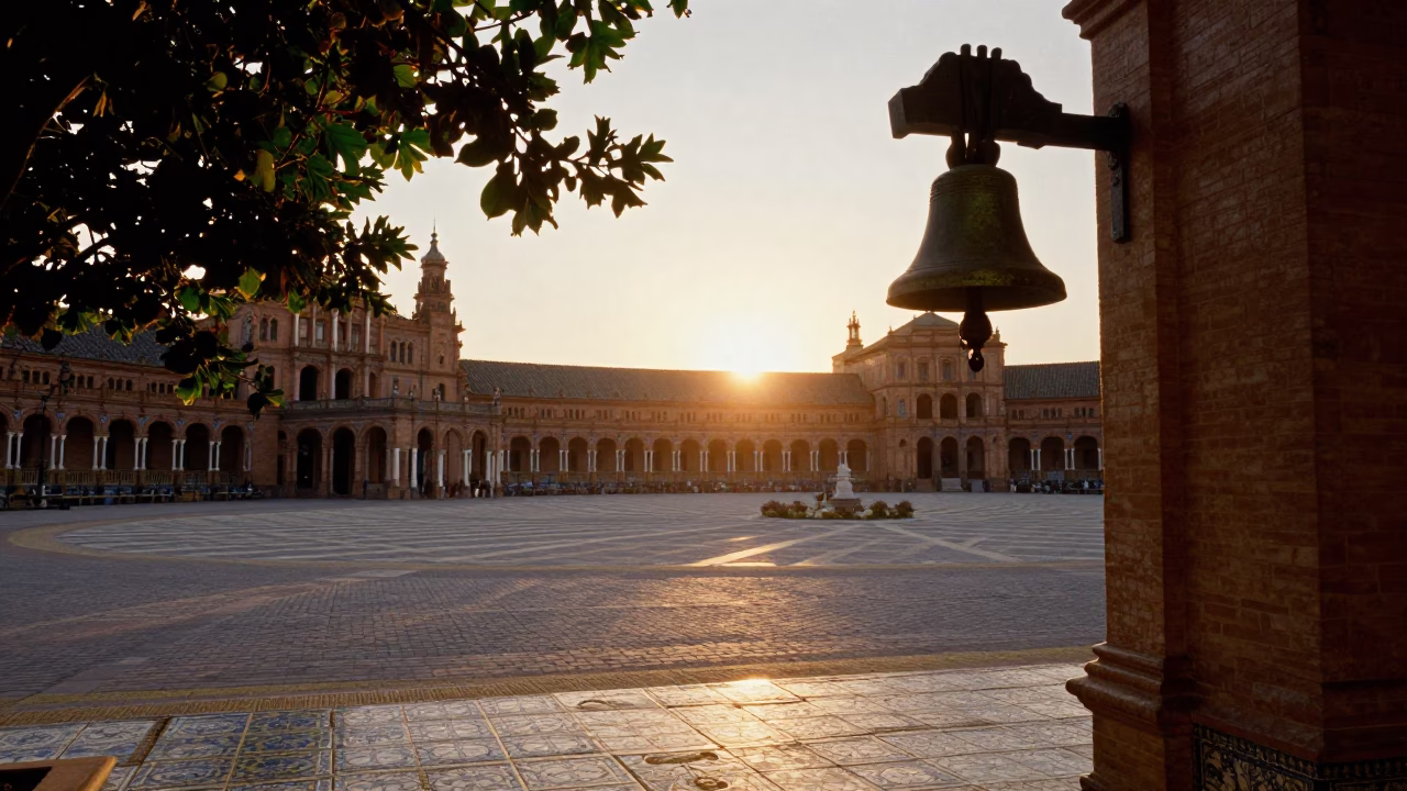 Seville Plaza at Sunset with Brass Bell and Leaf Shadows on Traditional Tile Floor in in Seville, Spain