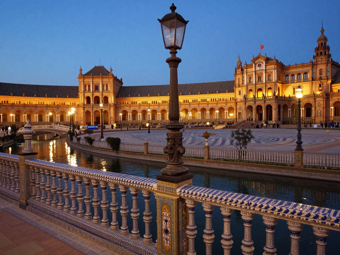 Seville Plaza de España evening scene with candelabra lighting and tourists in in Seville, Spain
