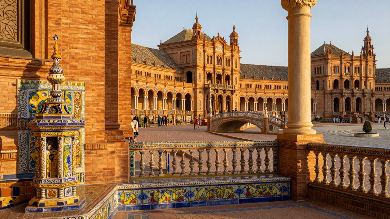 Seville Plaza de España Majolica Tiles Honeyed Evening Light Street Scene in in Seville, Spain