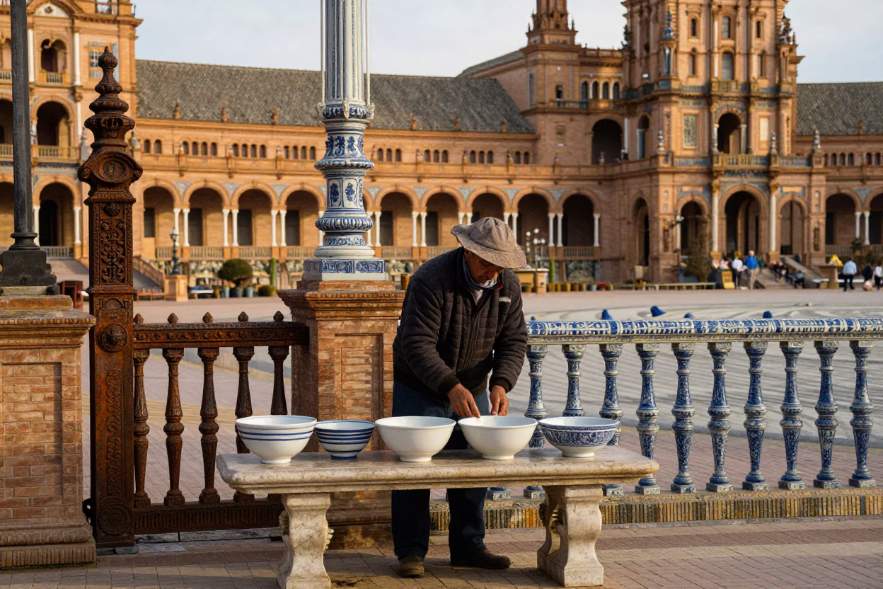 Seville Plaza de España Rusty Gate and Blue Porcelain Bowl Afternoon Scene in in Seville, Spain