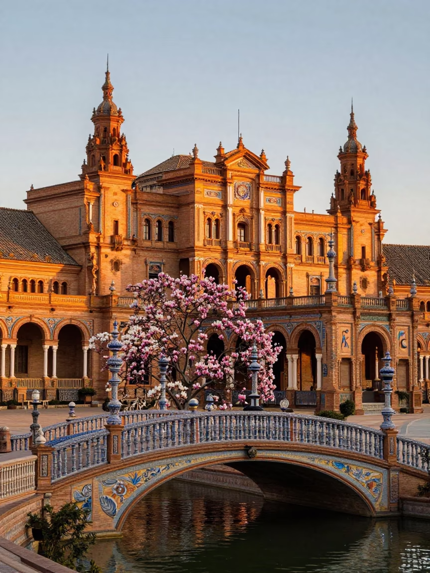 Seville Plaza de España Sunset with Magnolia Tree and Street Life in in Seville, Spain