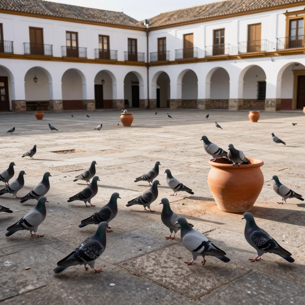 Seville Plaza pigeons gather near clay pots in late afternoon light in in Seville, Spain