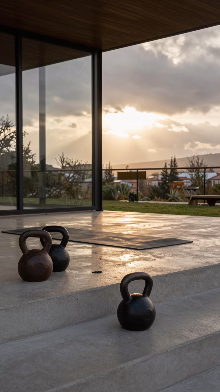 Seville Rooftop Kettlebells Golden Hour After Rain in at an outdoor stair workout landing in Arenal, Seville