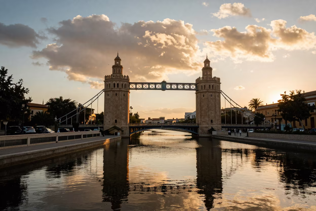 Seville Skyway Bridge Sunset Canal Reflections in beside a canal-front facade in Seville