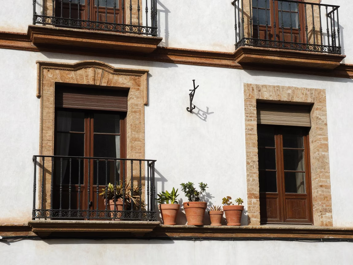 Seville Spain 1970s Street Scene with Ornate Balcony and Clay Pots in in Seville, Spain