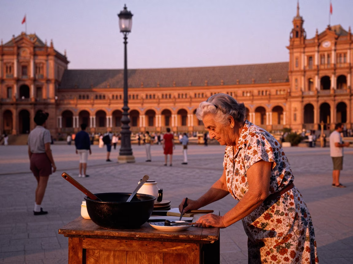 Seville Spain 1970s Street Scene with Utensil Crock and Local Market Activity in in Seville, Spain