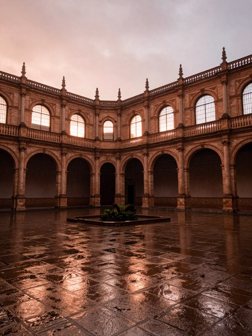 Seville Spain Before Dusk Copper Light University Cloister Wet Flagstones Rain Afternoon in in Seville, Spain