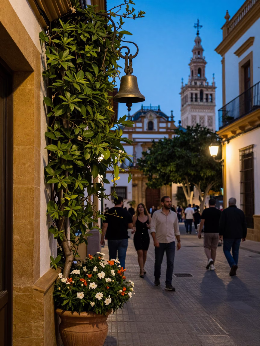 Seville Spain Blue Hour Street Scene with Flowerpot and Bell in in Seville, Spain