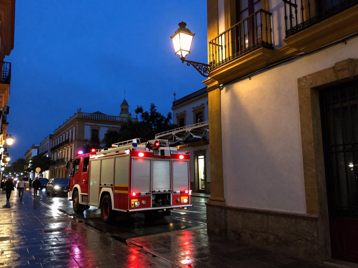 Seville Spain Blue Hour Street Scene with Lantern and Fire Engine Ladder in in Seville, Spain