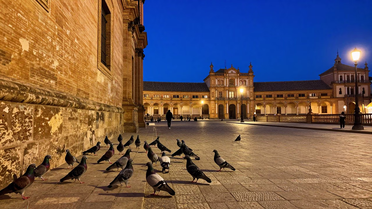 Seville Spain Blue Hour Street Scene with Pigeons and Traditional Architecture in in Seville, Spain
