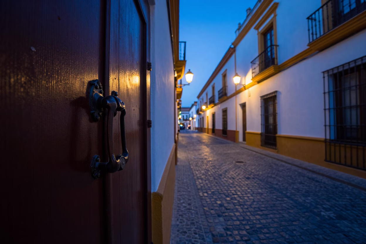 Seville Spain Blue Hour Street Scene with Traditional Door Handle and Local Colorful Architecture in in Seville, Spain