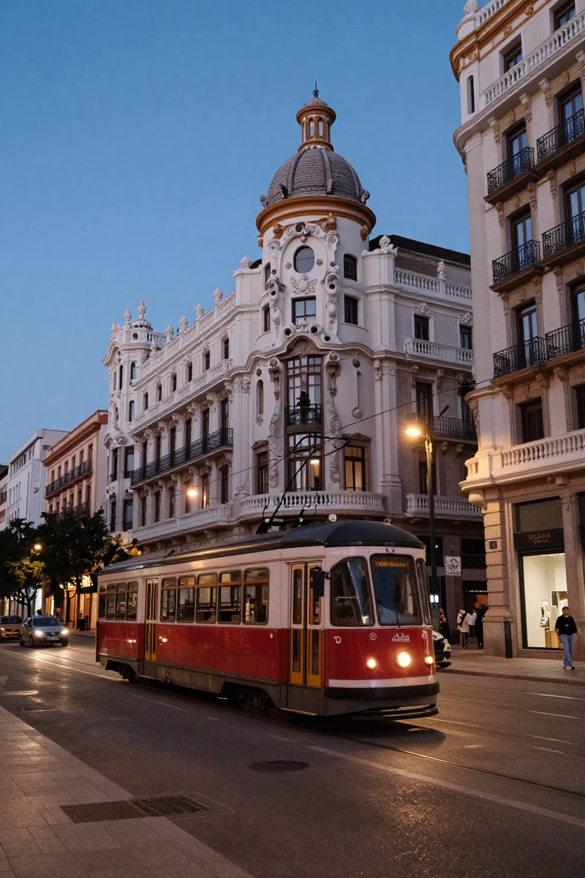 Seville Spain Blue Hour Street Scene with Tram and Art Nouveau Facades in in Seville, Spain