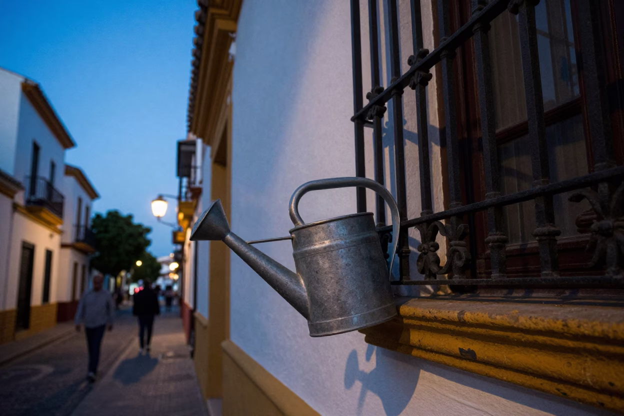 Seville Spain Blue Hour Street Scene with Watering Jug and Traditional Architecture in in Seville, Spain