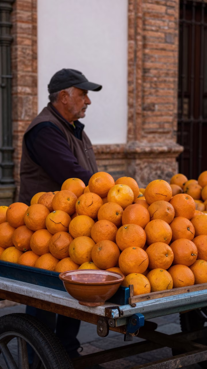 Seville Spain Copper Dusk Orange Vendor Traditional Market Stall in in Seville, Spain