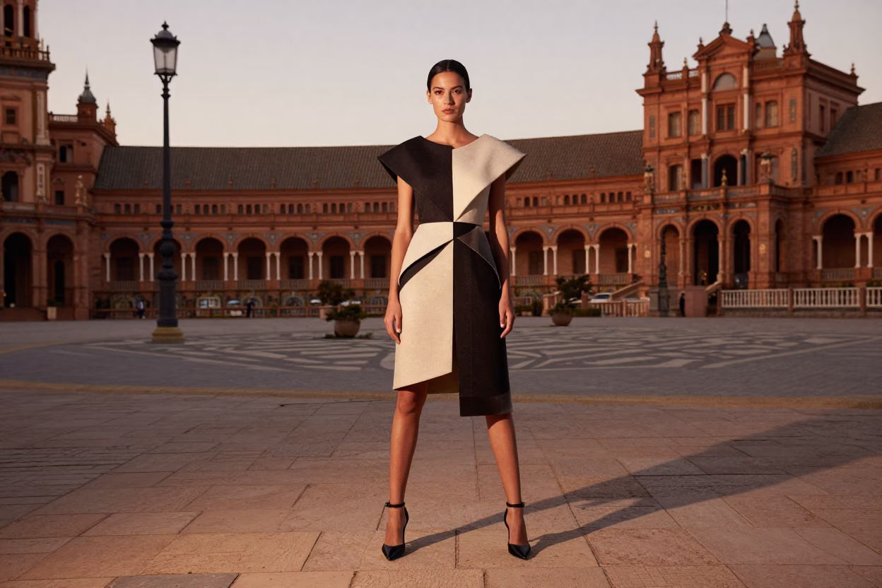 Seville Spain Copper Dusk Street Fashion Model Near Historic Plaza in in Seville, Spain