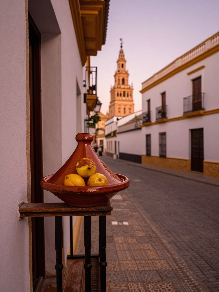 Seville Spain Copper Dusk Street Scene With Tagine And Preserved Lemons On Balcony in in Seville, Spain