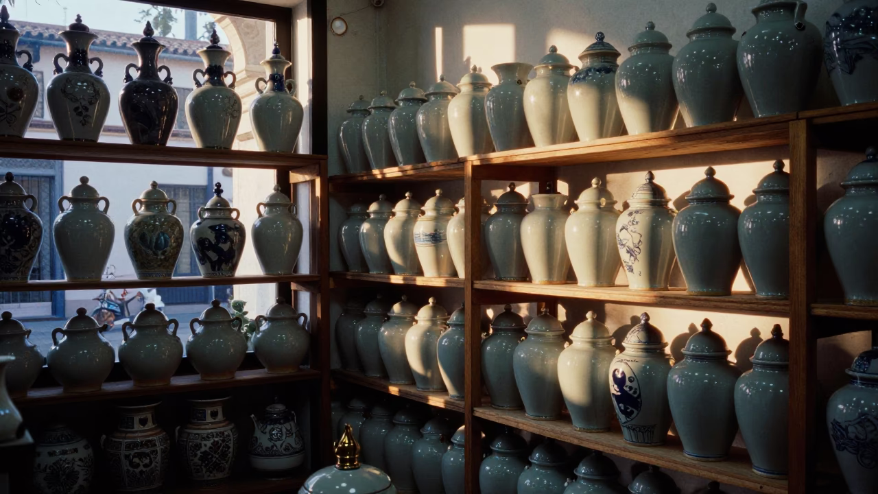 Seville Spain Dawn Light Ceramic Shop Interior with Porcelain Jars in in Seville, Spain