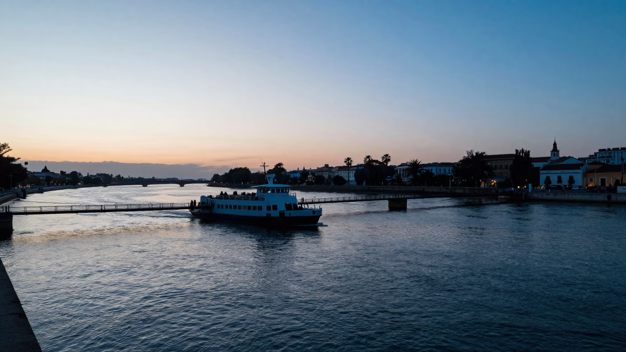 Seville Spain Dawn Riverfront Chain Ferry Crossing Guadalquivir Before Sunrise in in Seville, Spain