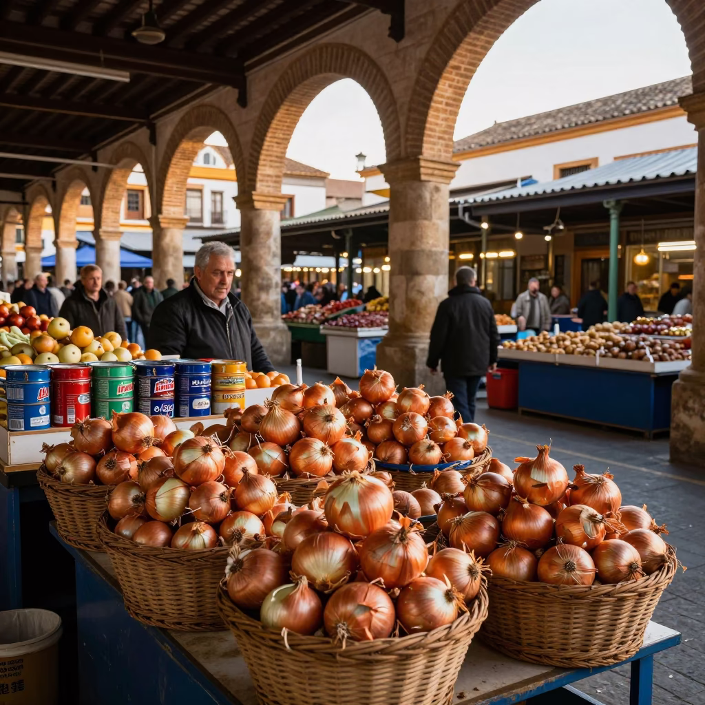 Seville Spain Dawn Street Market with Onions and Storage Tins in in Seville, Spain