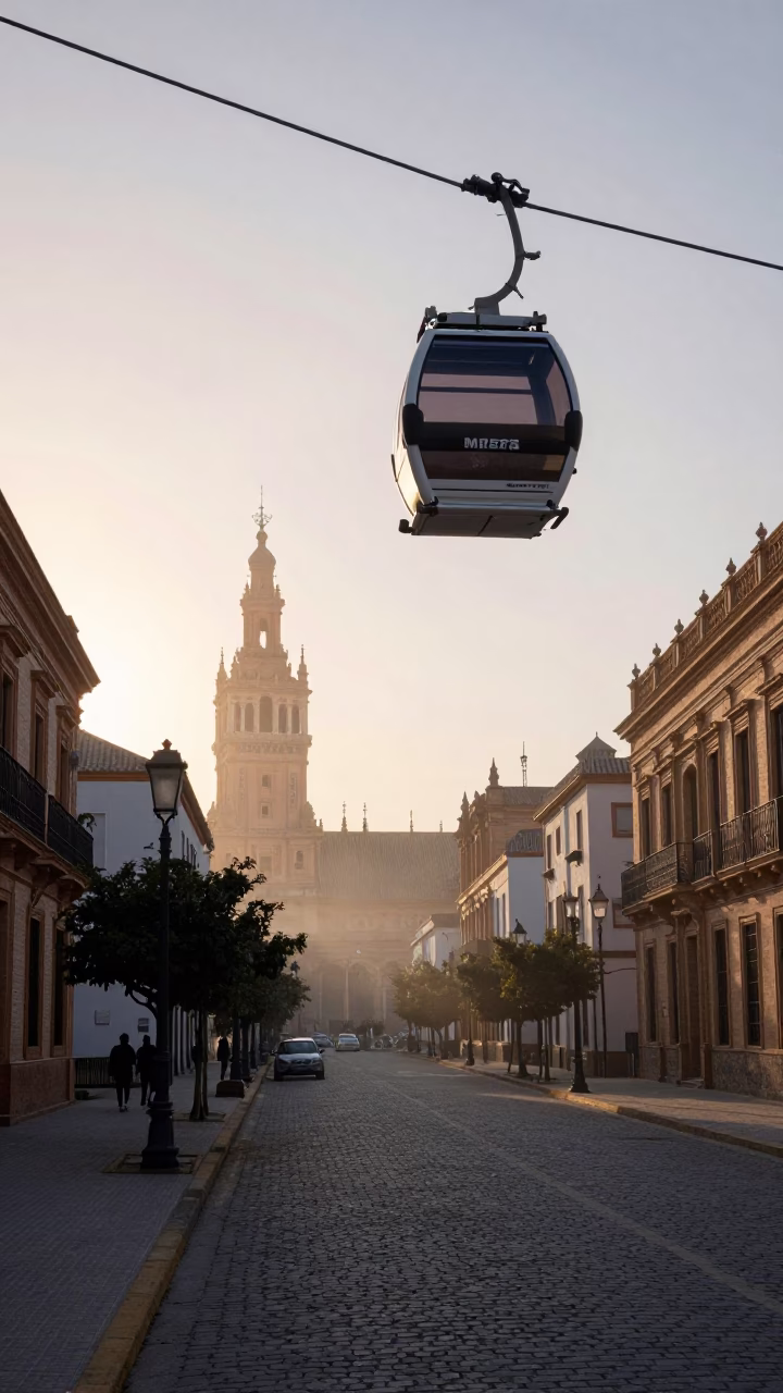 Seville Spain Dawn Street Scene with Aerial Tramway Gondola and Morning Fog in in Seville, Spain