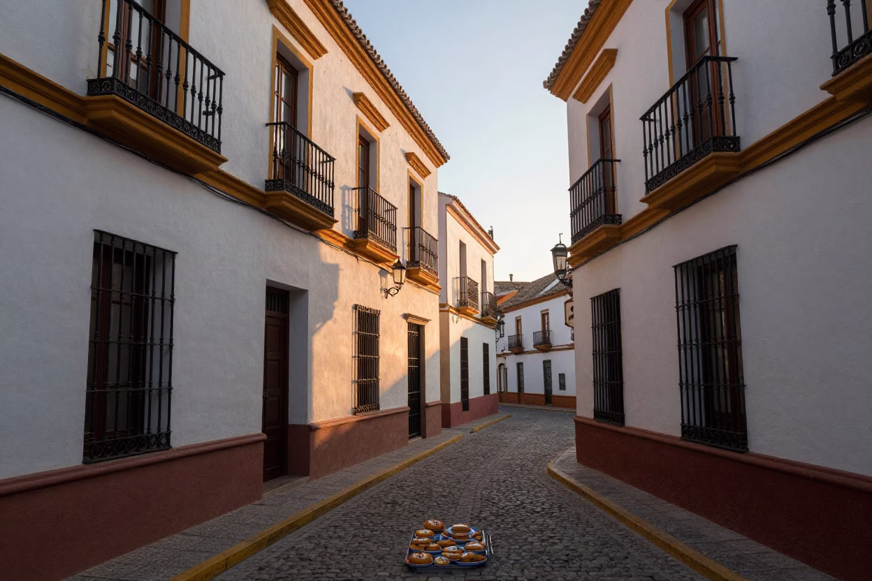 Seville Spain Dawn Street Scene with Ceramic Pastries and Wooden Stool in in Seville, Spain
