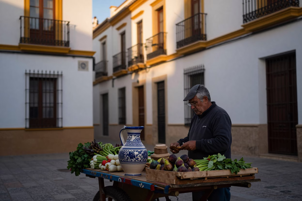 Seville Spain Dawn Street Scene with Ceramic Pitcher and Fig Tree in in Seville, Spain