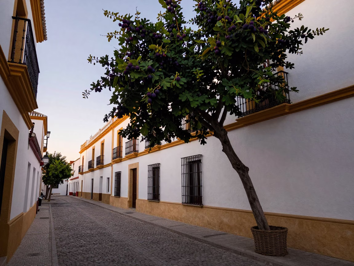 Seville Spain Dawn Street Scene with Fig Tree and Wicker Shadow in in Seville, Spain