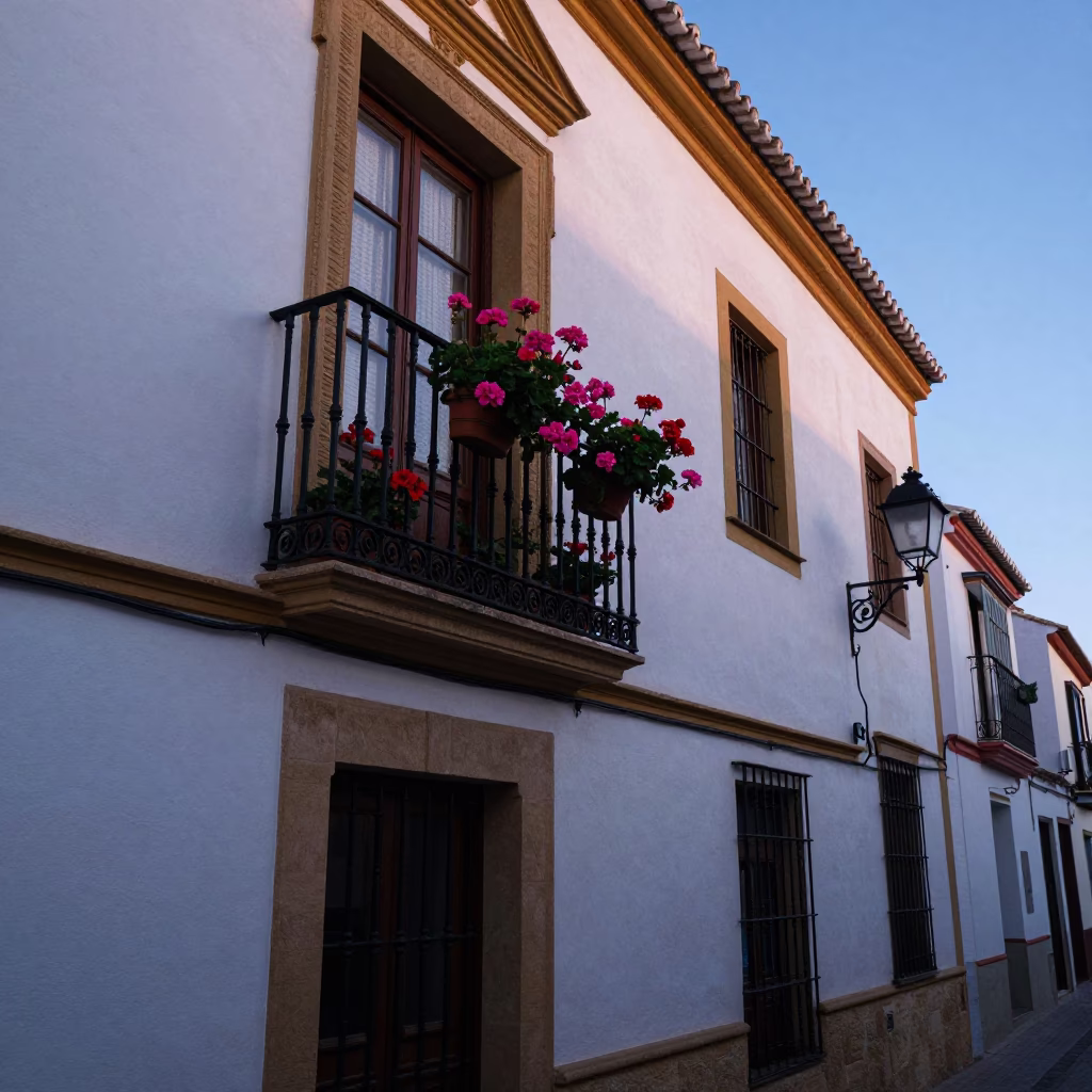 Seville Spain Dawn Street Scene with Potted Geraniums and Traditional Architecture in in Seville, Spain