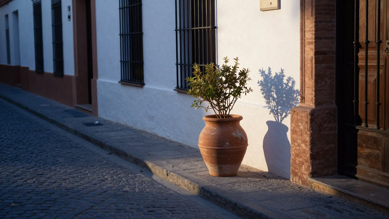 Seville Spain Dawn Street Scene with Terracotta Flowerpot and White Stucco Balcony Detail in in Seville, Spain