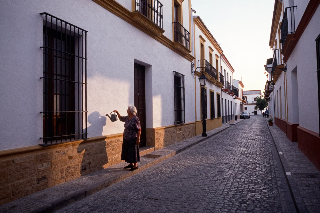 Seville Spain Dawn Street Scene with Watering Jug and Old Architecture in in Seville, Spain