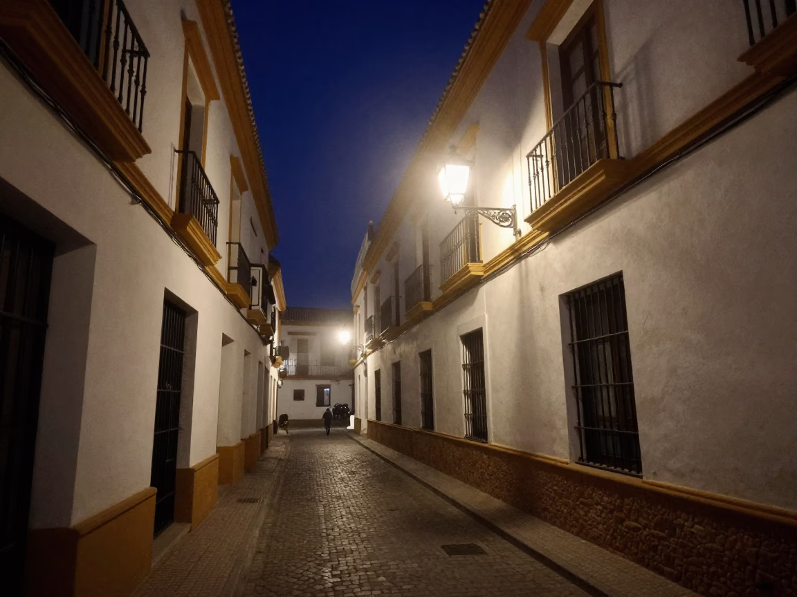 Seville Spain Deep Night Street Scene with Glowing Lantern and Dusty Wall Details in in Seville, Spain