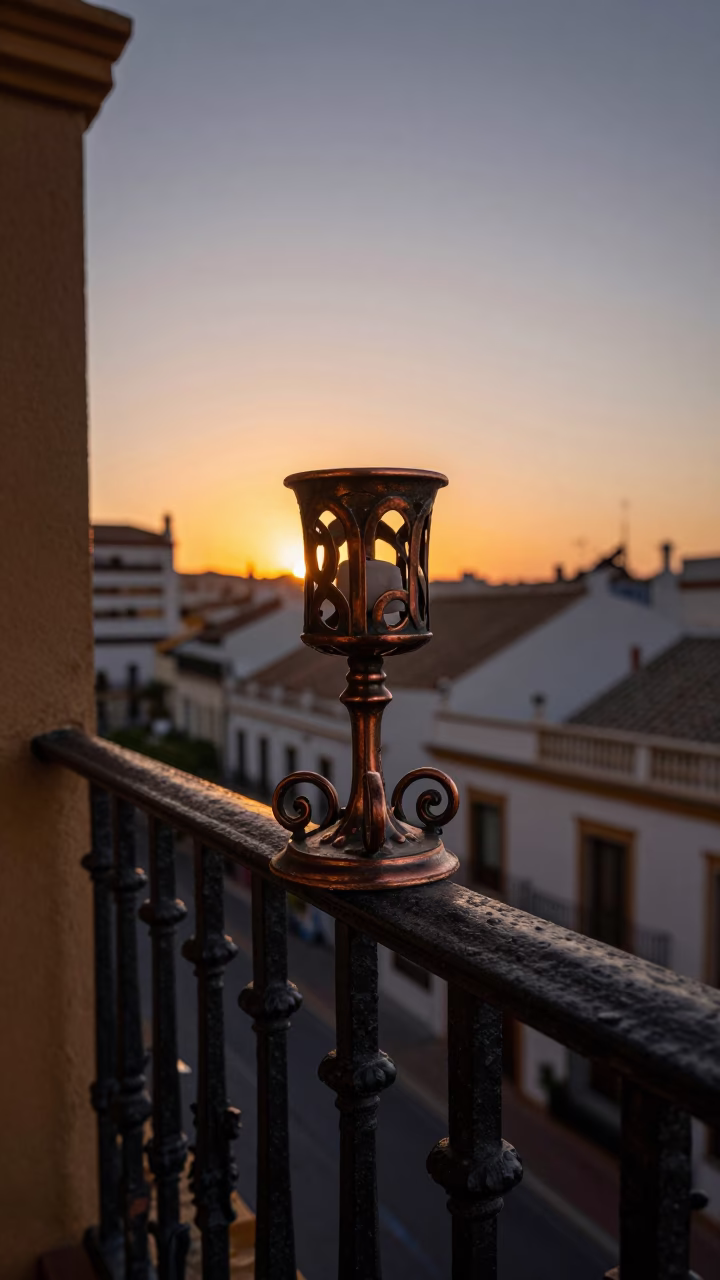 Seville Spain Dusk Candle Holder on Traditional Balcony Iron Railing Copper Light in in Seville, Spain