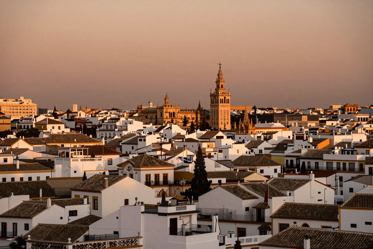 Seville Spain Dusk Horizon View of Historic Architecture and Urban Landscape in Copper Light in in Seville, Spain