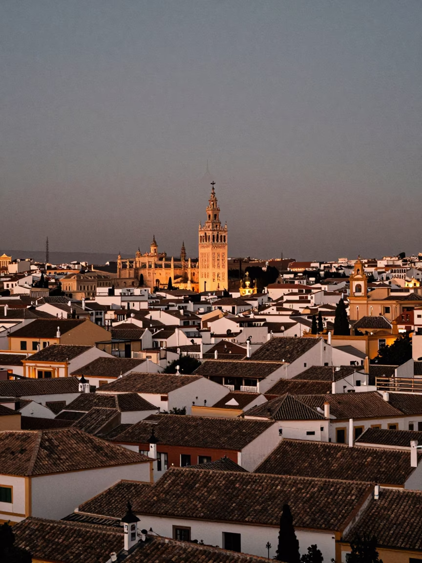 Seville Spain Dusk Landscape Horizon View of Historic Architecture and Street Life in in Seville, Spain