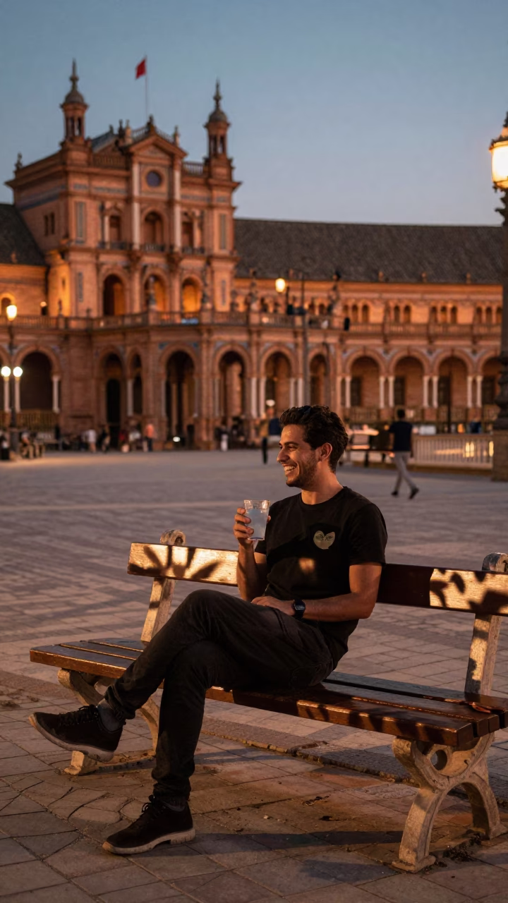 Seville Spain Dusk Street Scene with Leaf Shadows on Bench and Ayran Glass in in Seville, Spain