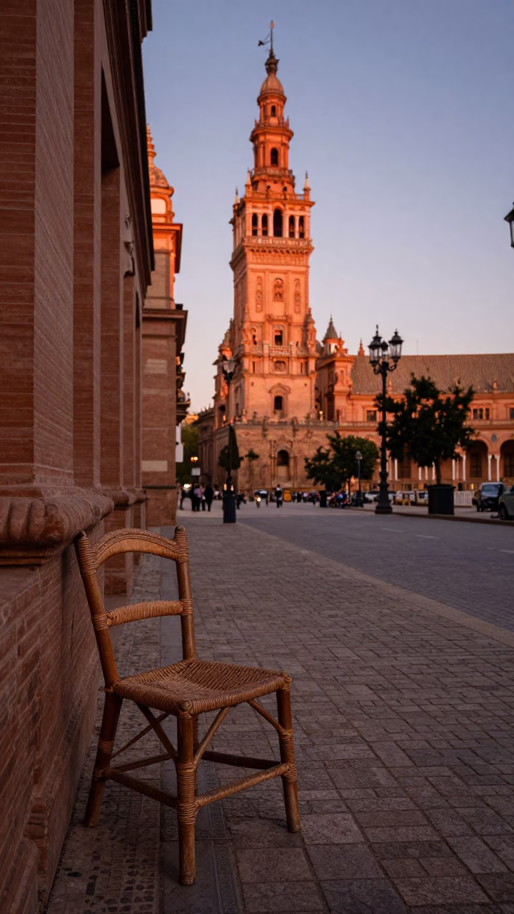 Seville Spain Dusk Street Scene with Rattan Chair and Taper Candle in in Seville, Spain
