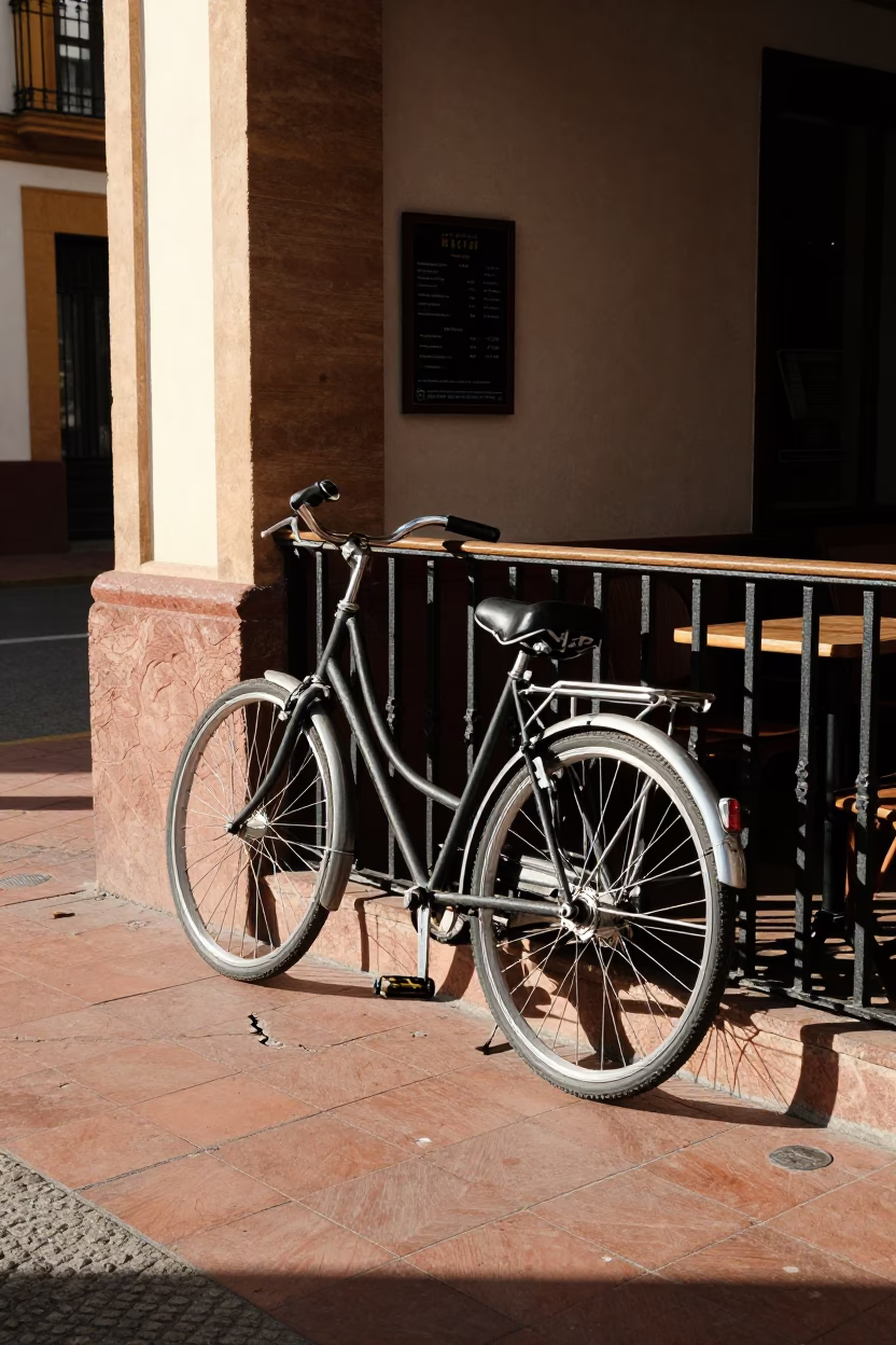 Seville Spain Early Afternoon Bicycle Cafe Scene with Local Street Life in in Seville, Spain