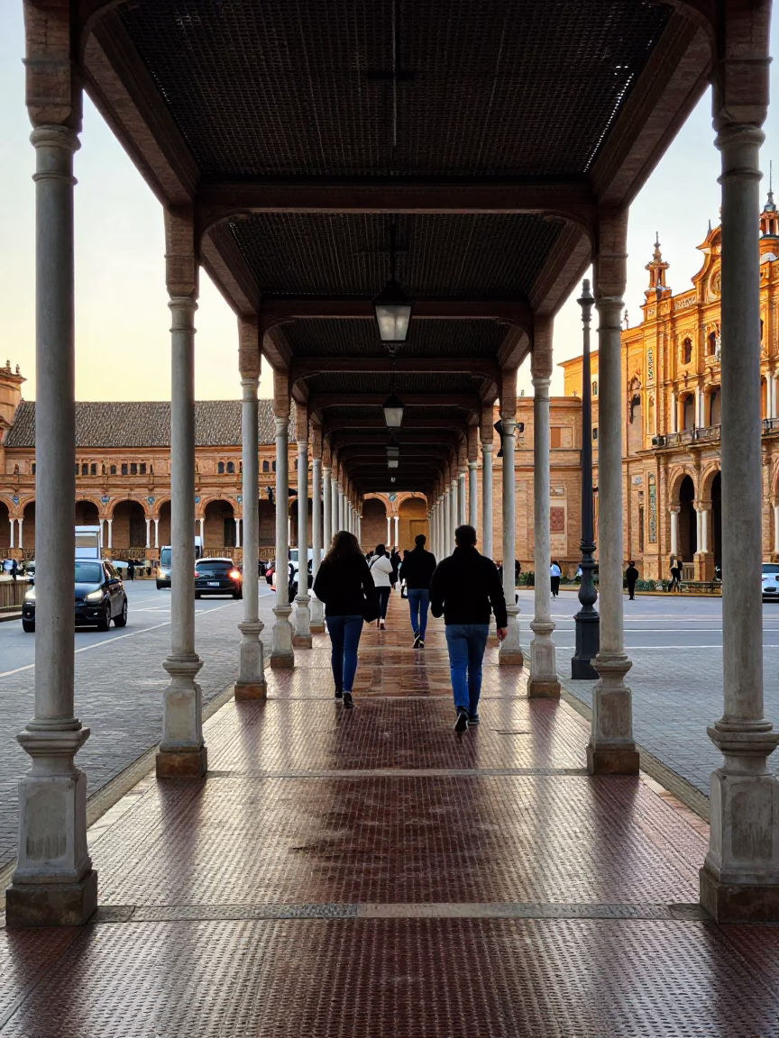 Seville Spain Early Afternoon Pedestrian Overpass Perforated Metal Wet Footsteps Street Photography in in Seville, Spain