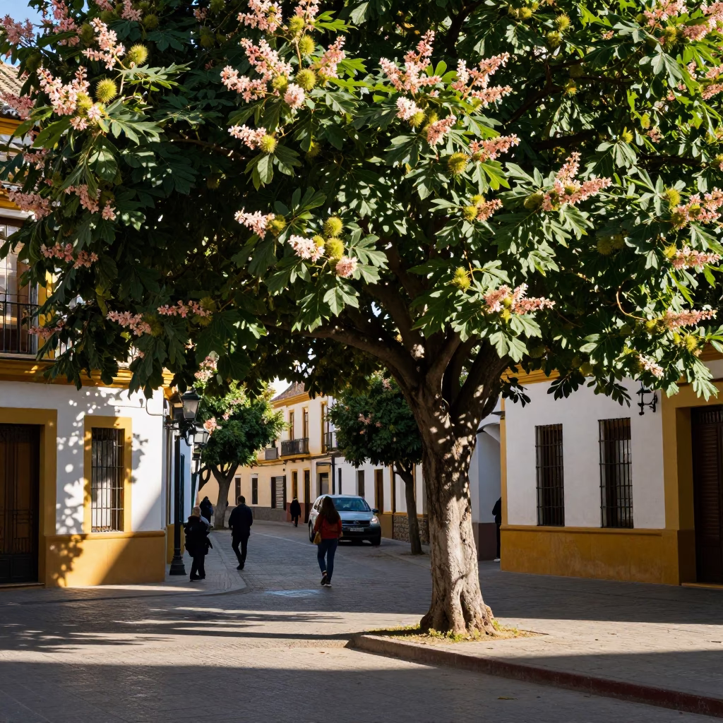 Seville Spain Early Afternoon Street Scene with Chestnut Tree and Flyover Shadows in in Seville, Spain